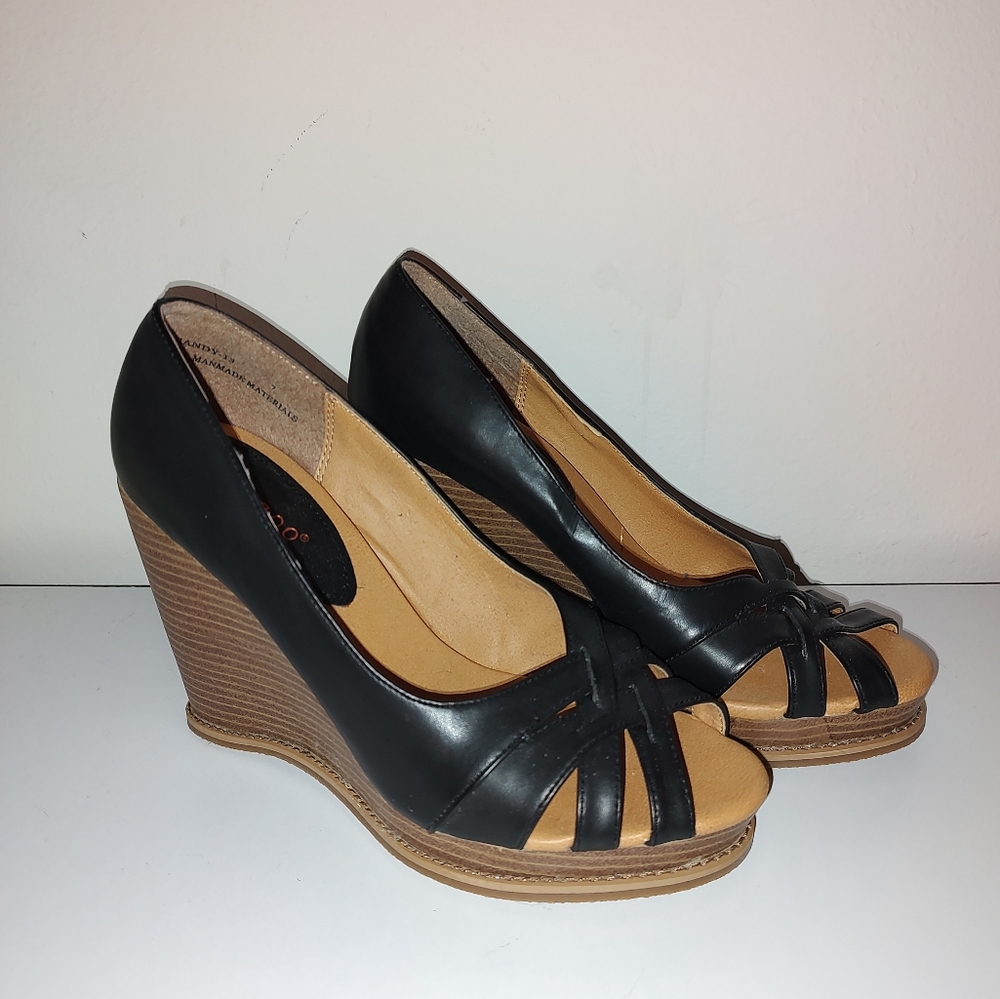 BAMBOO Black and Tan Peep-Toe Wedge Sandals